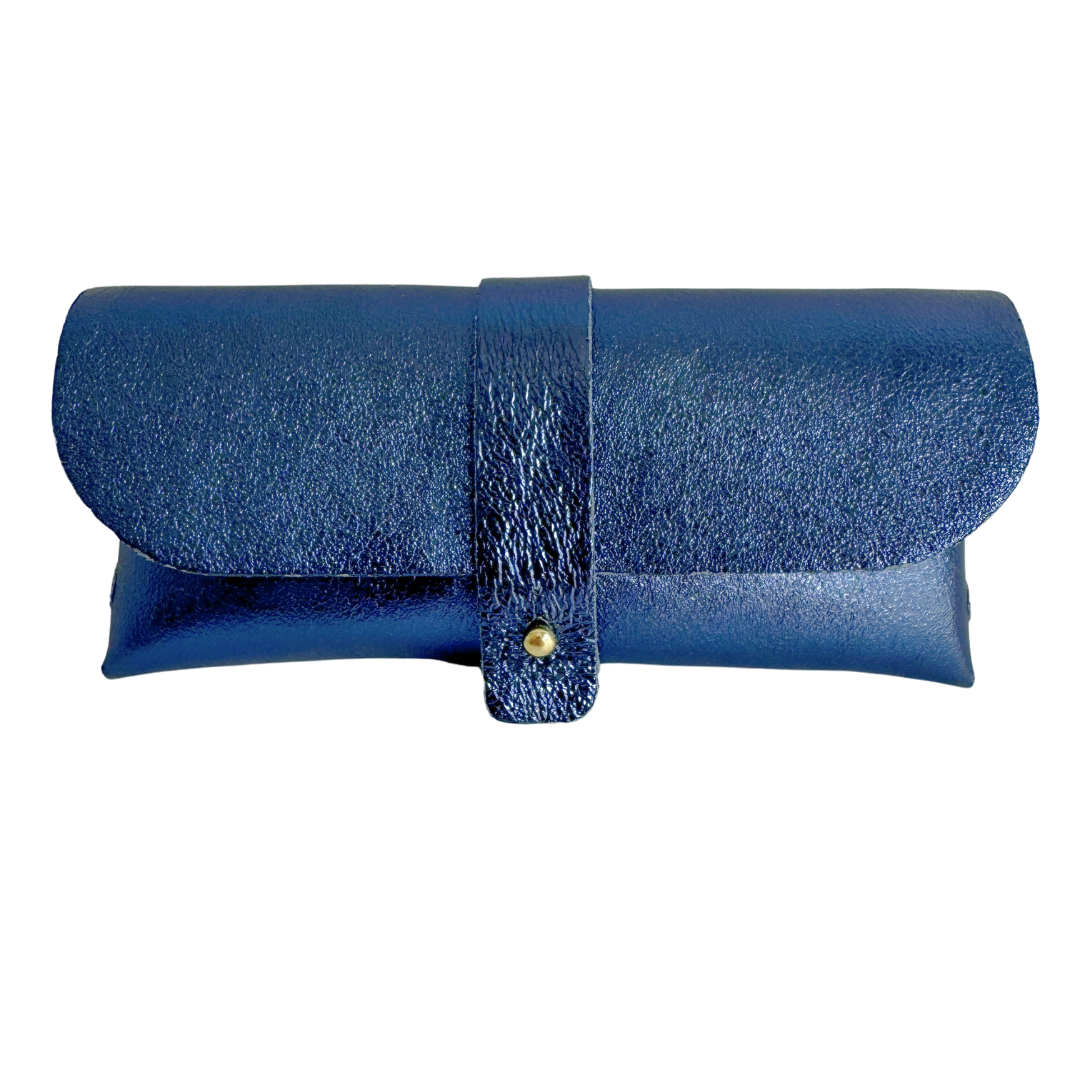 Brillenetui Leder Metallic Blauw