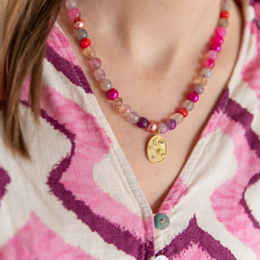 Necklace Beads Fuchsia Star & Moon
