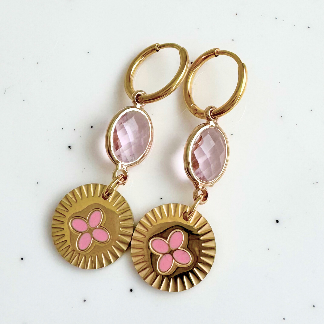Oorbellen Facet Flowers Roze | Goud