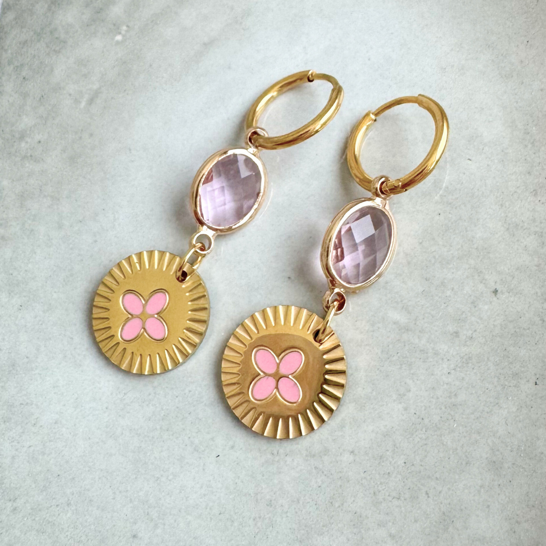Oorbellen Facet Flowers Roze | Goud