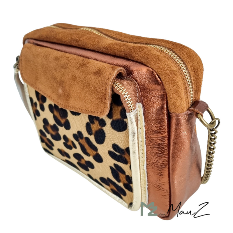 Lederen schoudertas | Panter | Camel