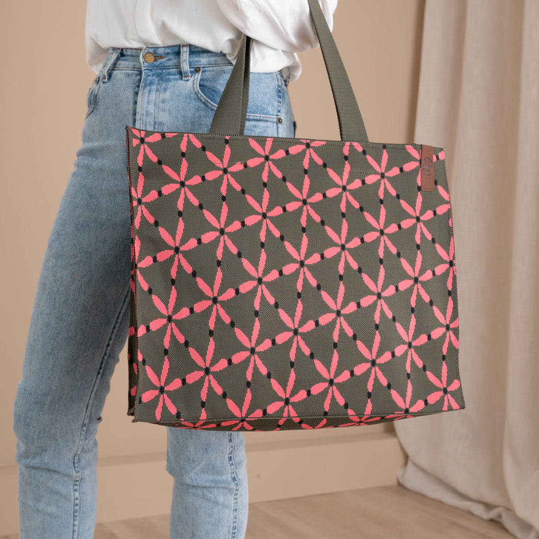 Shopper Lara | Flowers Olijfgroen-Roze