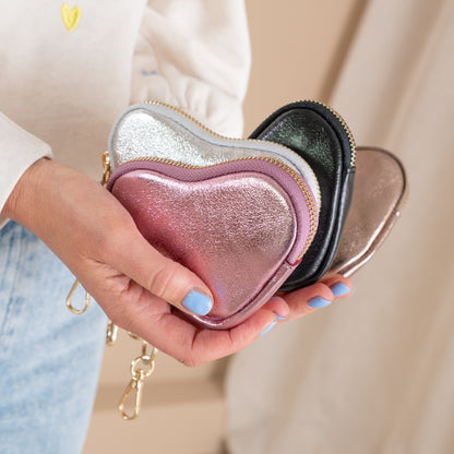 Hart Portemonneetje / Sleutelhanger | Roze Metallic