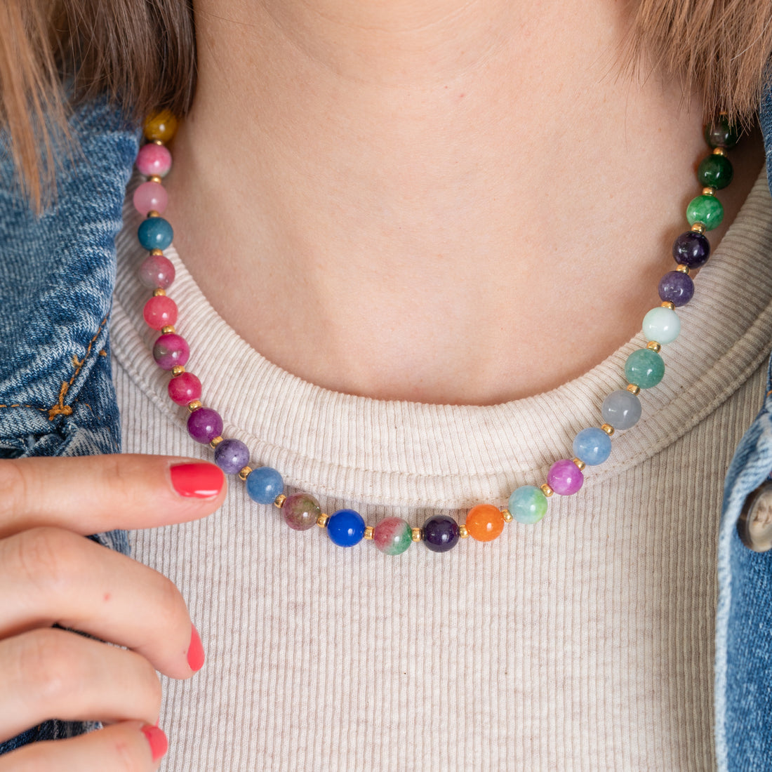 Halskette Perlen Kobalt-Fuchsia-Grün
