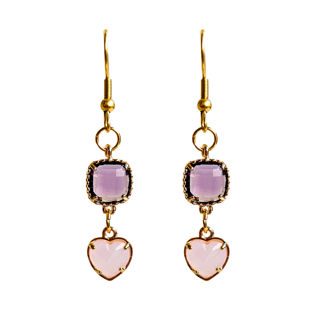 Oorbellen Facet Heart Purple Pink | Goud