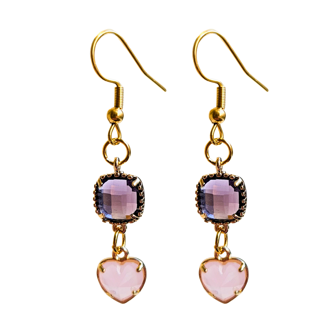 Oorbellen Facet Heart Purple Pink | Goud