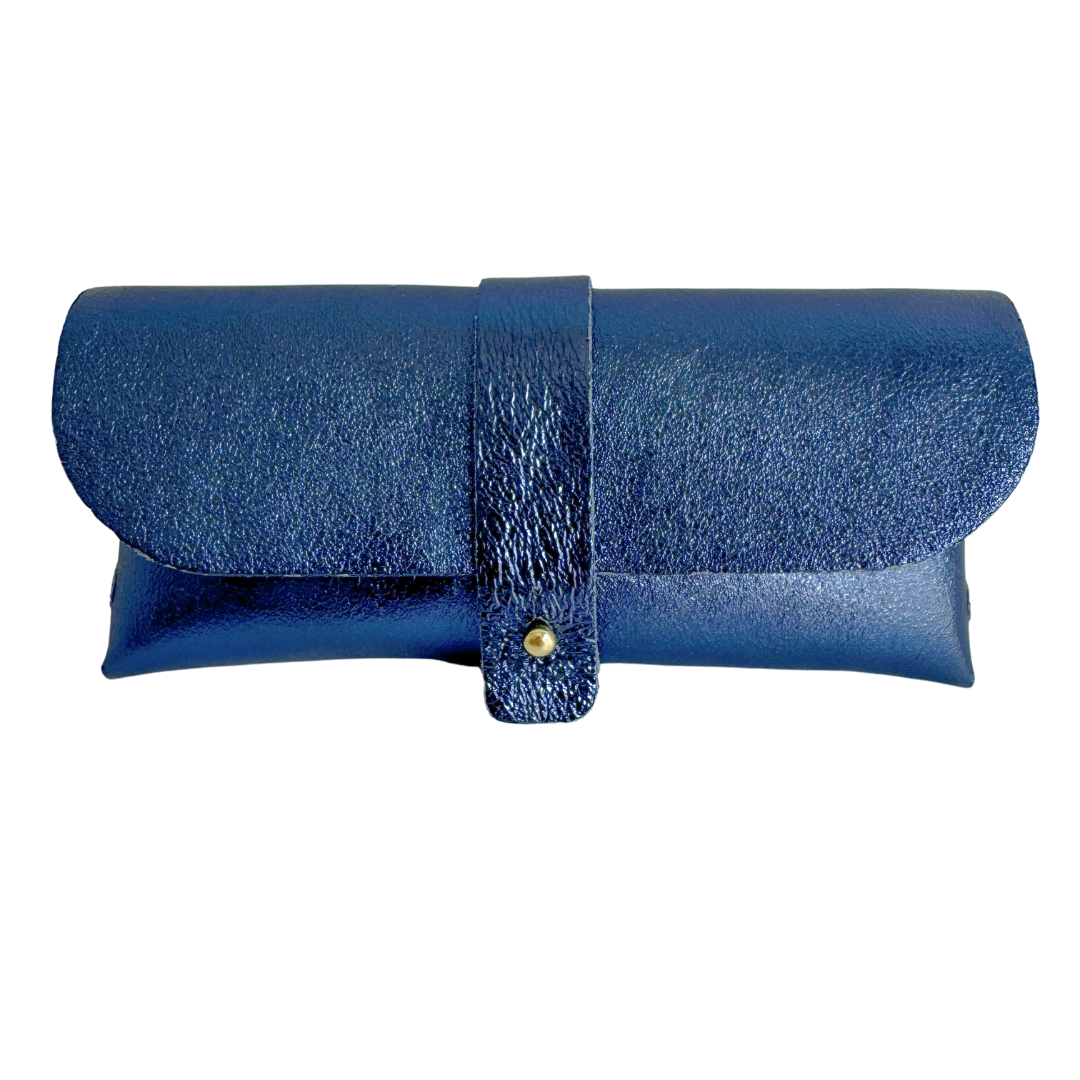 Brillenetui Leder Metallic Blau