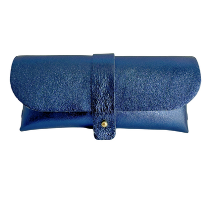 Brillenetui Leder Metallic Blau