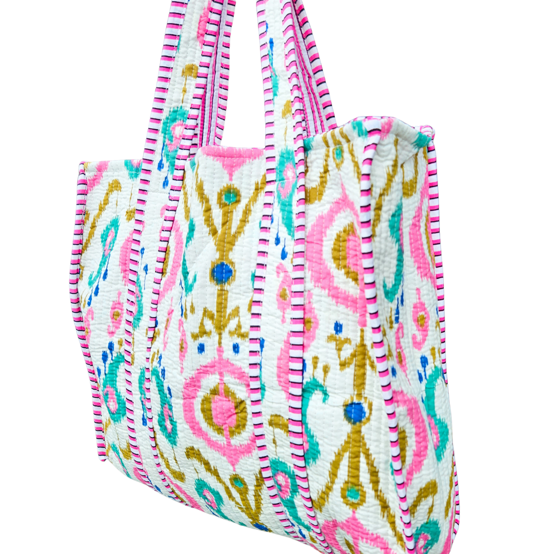 NEW Tote Bag Veerle | Wit-Turquoise-Roze-Olijfgroen