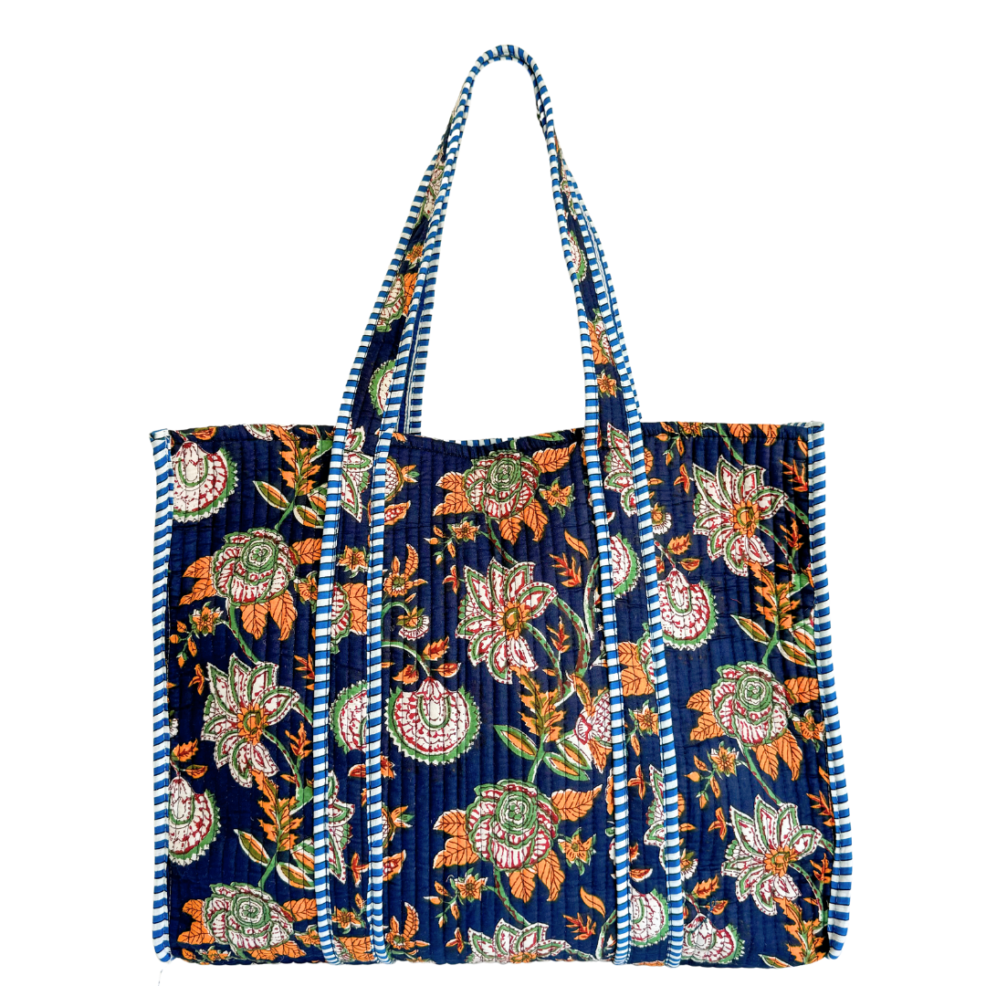 Tote Bag Veerle | Flowers Navy-Oranje
