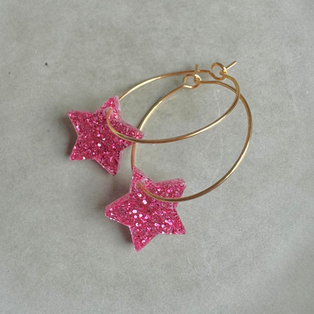 Oorbellen Hoops Lume Charms Glitter | Ster Magenta