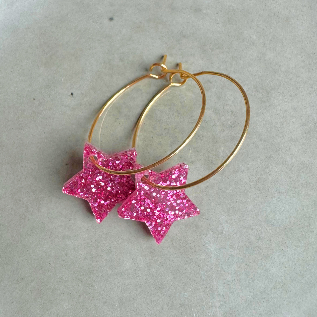 Oorbellen Hoops Lume Charms Glitter | Ster Magenta
